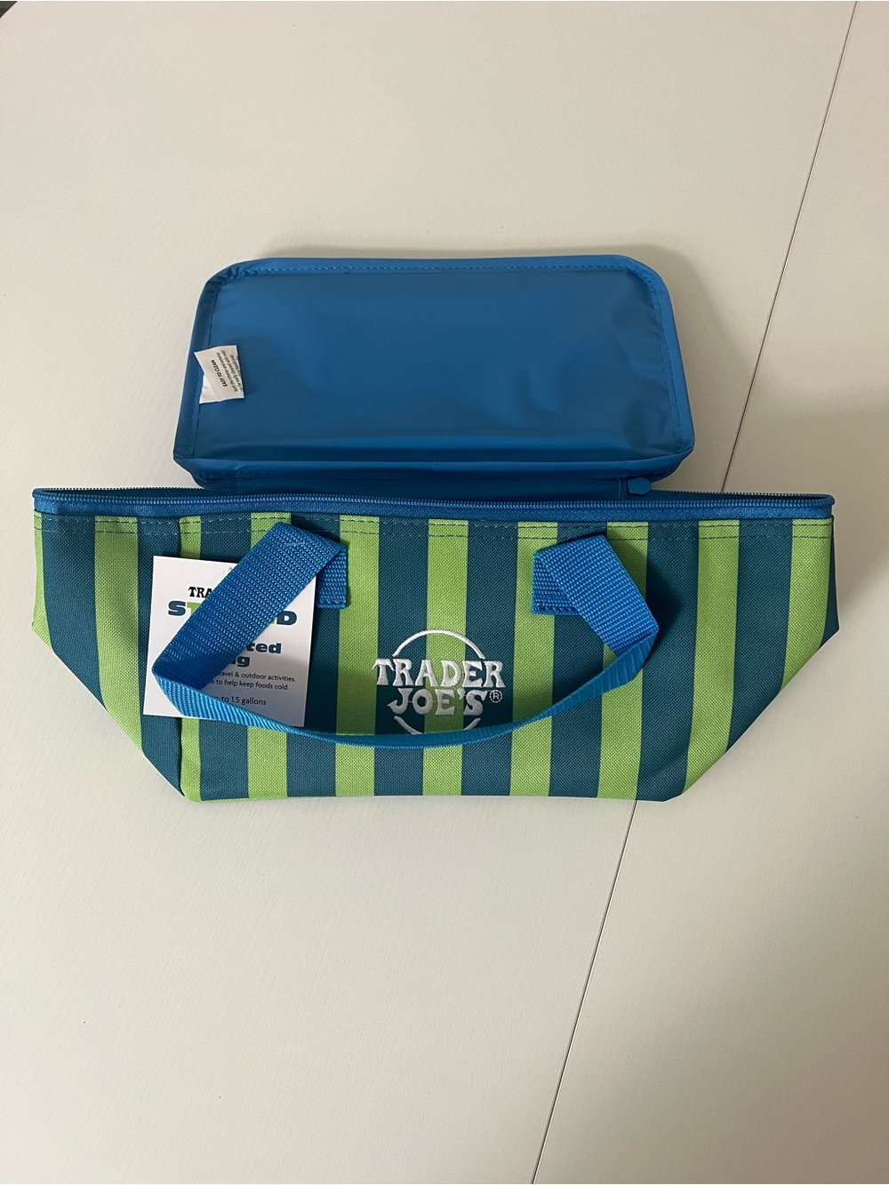 Trader Joe’s Mini Insulated Green & Blue Striped Bag - Picture 3 of 4